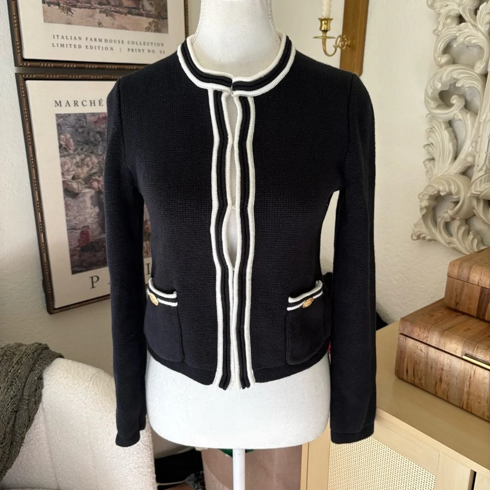 J CREW Emilie Sweater Black‎ White Trim Size XS Preppy